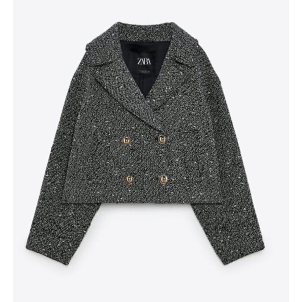 Zara Women's Tweed Textured Blazer Jacket Double Breast Black Size S